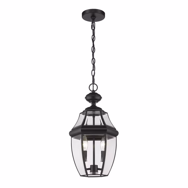 Westover 2 Light Outdoor Chain Mount Ceiling Fixture, Black & Clear Beveled